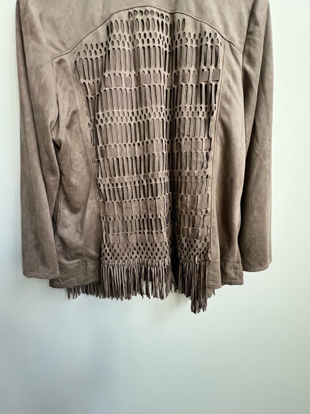 Chicos Jacket 1 US Medium Tan Faux Suede Lattice Fringe Cowgirl Boho Western - Picture 10 of 12